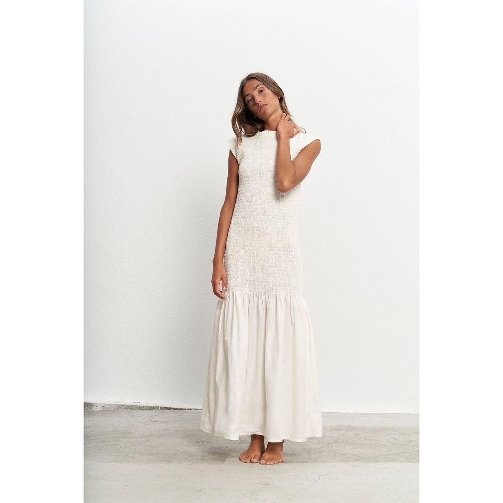 Smocked Bodice Cream Maxi Dress with Cap Sleeves